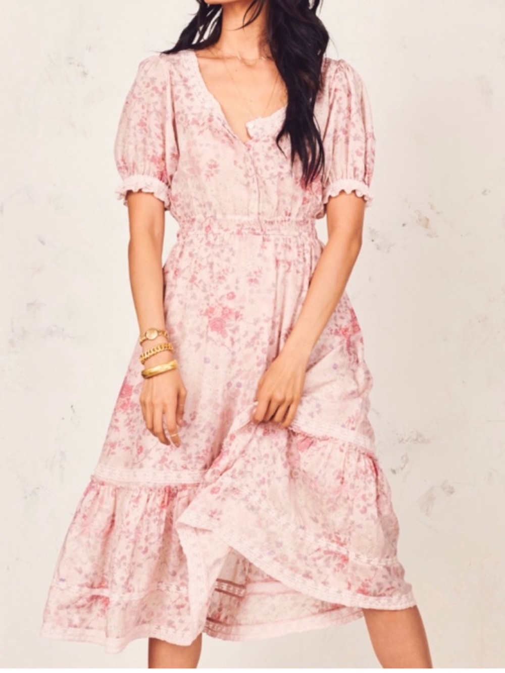 LoveShackFancy NWT Wendy Midi Dress Silk Lace Cottagecore Spring Pink Size L